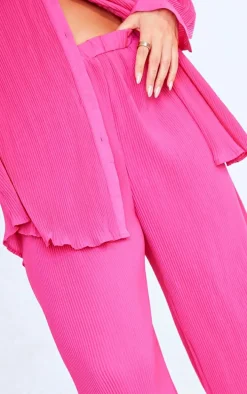 Plus Hot Pink Plisse High Waisted Wide Leg Pants