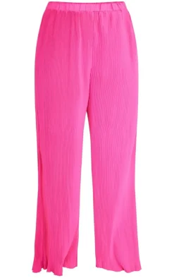 Plus Hot Pink Plisse High Waisted Wide Leg Pants
