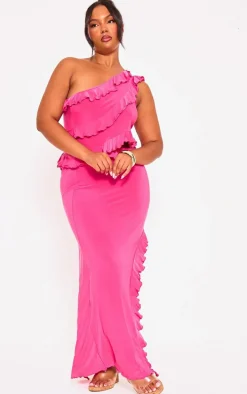Plus Hot Pink Ruffle Detail Slinky Maxi Dress
