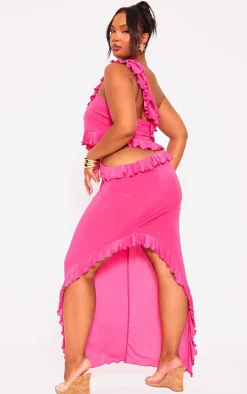 Plus Hot Pink Ruffle Detail Slinky Maxi Dress