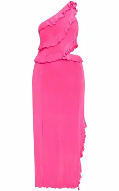 Plus Hot Pink Ruffle Detail Slinky Maxi Dress