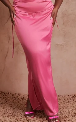 Plus Hot Pink Satin Ruched Maxi Skirt