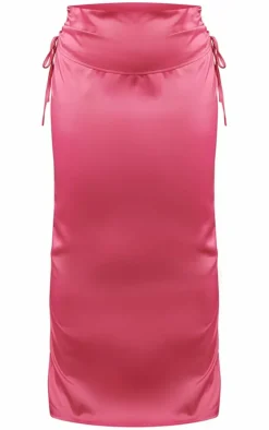 Plus Hot Pink Satin Ruched Maxi Skirt