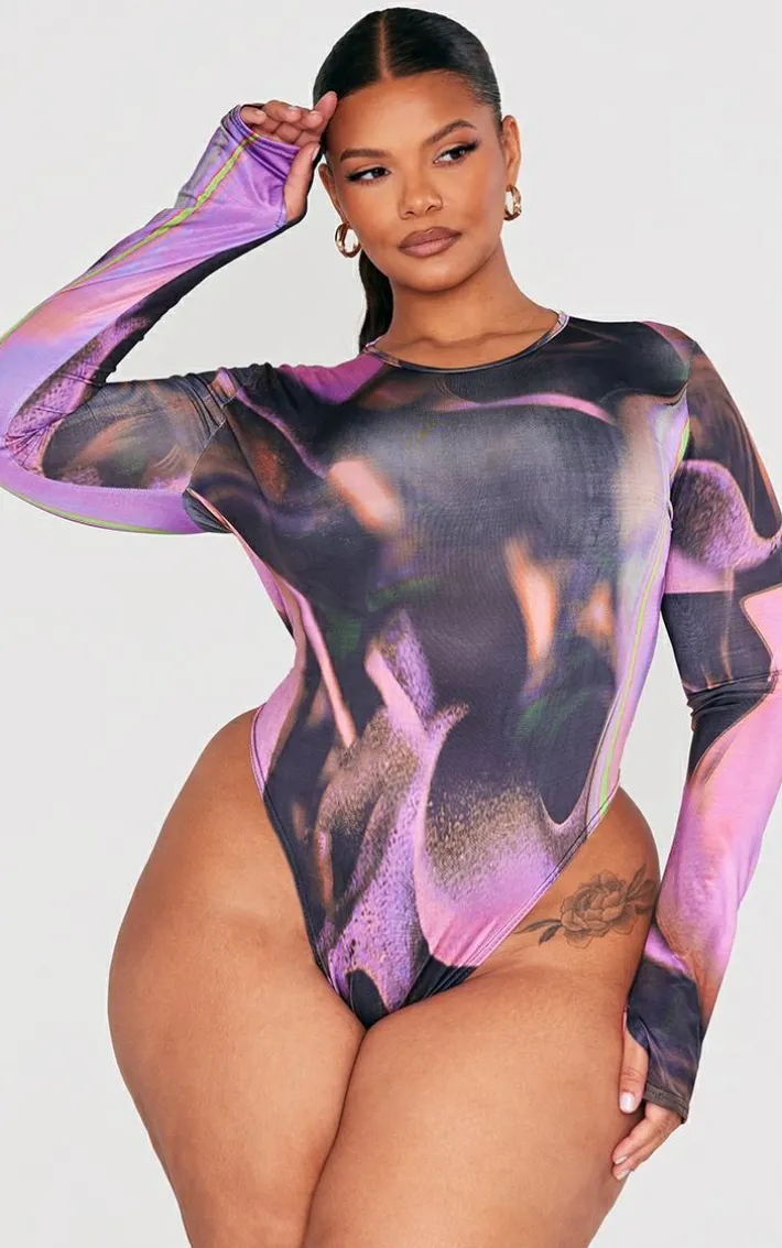 Plus Hot Pink Swirl Print High Leg Bodysuit