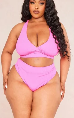 Plus Hot Pink Textured High Waisted Bikini Bottoms
