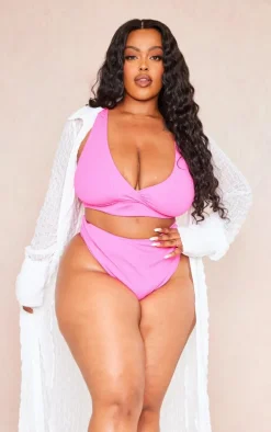 Plus Hot Pink Textured Wrap Bikini Top