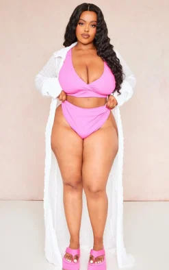 Plus Hot Pink Textured Wrap Bikini Top