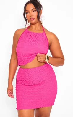 Plus Hot Pink Tiered Ruched Halter Neck Top