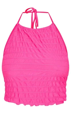Plus Hot Pink Tiered Ruched Halter Neck Top