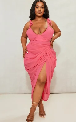 Plus Hot Pink Underwire Detail Draped Midi Dress
