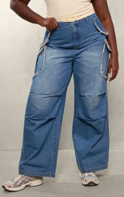 Plus Indigo Blue Wash Frayed Pocket Detail Wide Cargo Leg Jeans