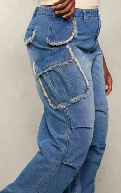 Plus Indigo Blue Wash Frayed Pocket Detail Wide Cargo Leg Jeans