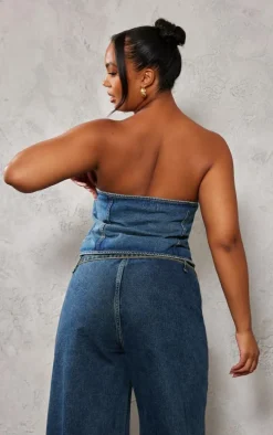Plus Indigo Blue Wash Hook And Eye Bandeau Denim Corset