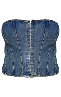 Plus Indigo Blue Wash Hook And Eye Bandeau Denim Corset