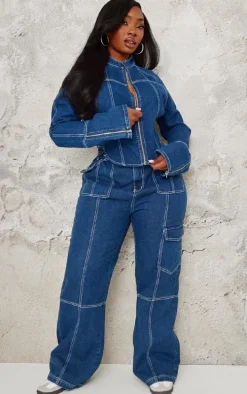 Plus Indigo Blue Wash Wide Leg Pocket Detail Denim Jeans