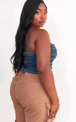 Plus Indigo Vintage Wash Seam Detail Stretch Denim Corset