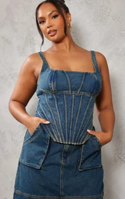Plus Indigo Vintage Wash Seam Detail Denim Corset