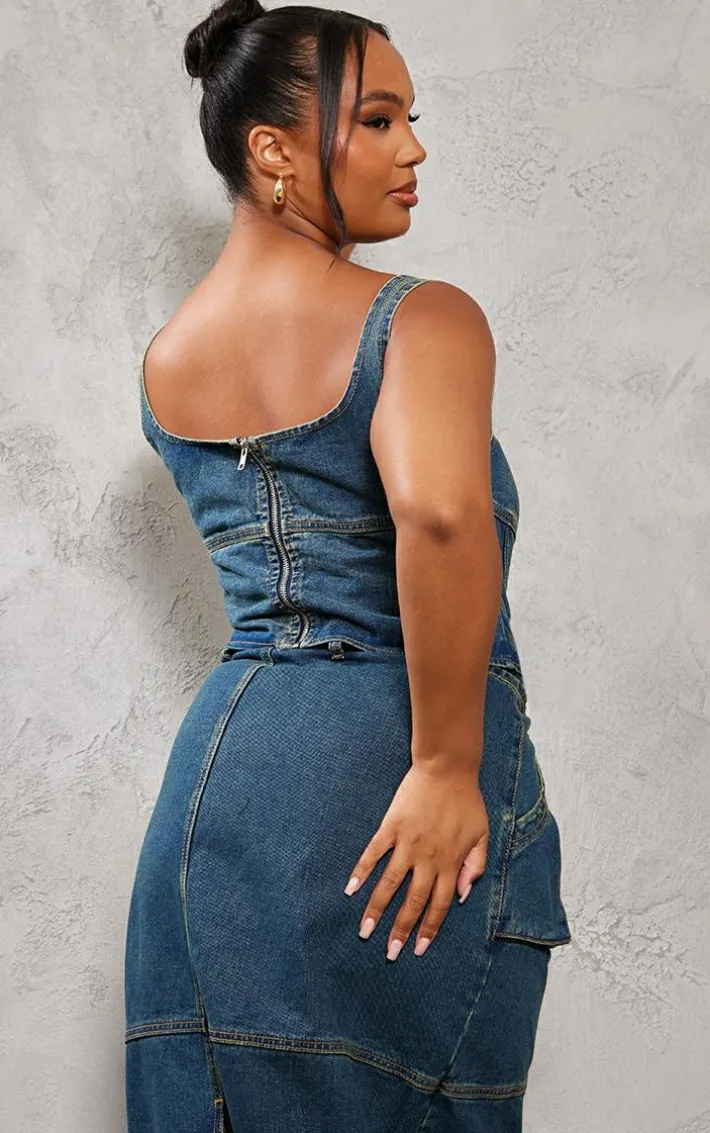 Plus Indigo Vintage Wash Seam Detail Denim Corset