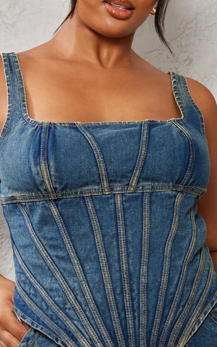 Plus Indigo Vintage Wash Seam Detail Denim Corset