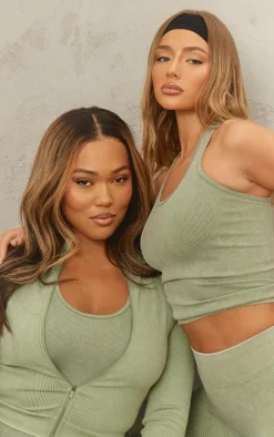 Plus Khaki Acid Wash Seamless Rib Halter Neck Gym Top