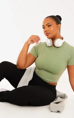 Plus Khaki Acid Wash Seamless Short Sleeve Top