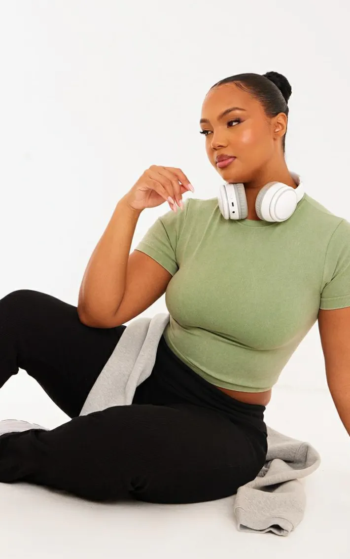 Plus Khaki Acid Wash Seamless Short Sleeve Top