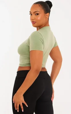 Plus Khaki Acid Wash Seamless Short Sleeve Top