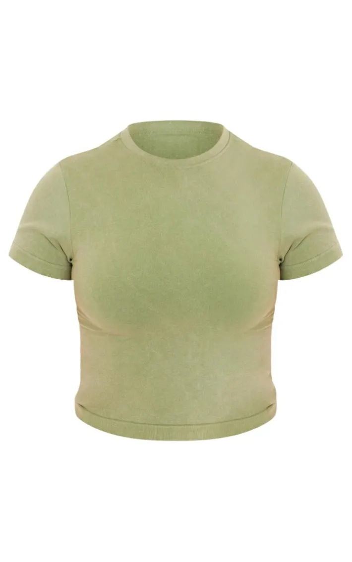 Plus Khaki Acid Wash Seamless Short Sleeve Top
