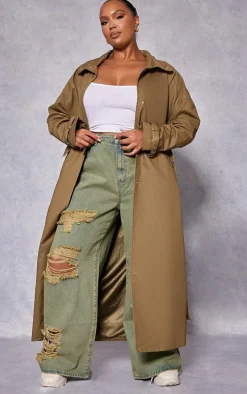 Plus Khaki Belted Cuff Detail Trench Coat