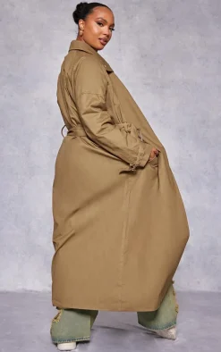 Plus Khaki Belted Cuff Detail Trench Coat
