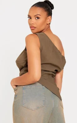 Plus Khaki Bengaline Ruched Asymmetric Long Top