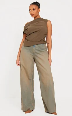 Plus Khaki Bengaline Ruched Asymmetric Long Top