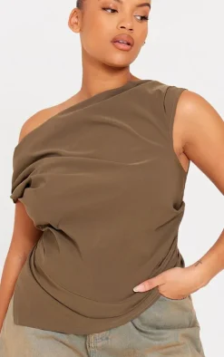 Plus Khaki Bengaline Ruched Asymmetric Long Top