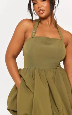 Plus Khaki Buckle Detail Halterneck Puffball Mini Dress