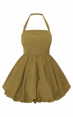 Plus Khaki Buckle Detail Halterneck Puffball Mini Dress