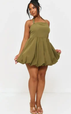 Plus Khaki Buckle Detail Halterneck Puffball Mini Dress