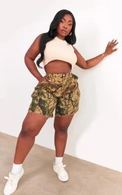 Plus Khaki Camo Denim Cargo Shorts
