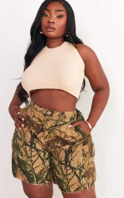 Plus Khaki Camo Denim Cargo Shorts