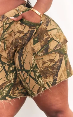 Plus Khaki Camo Denim Cargo Shorts
