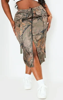 Plus Khaki Camo Printed Cargo Midi Skirt