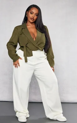 Plus Khaki Cargo Pocket Detail Crop Blazer