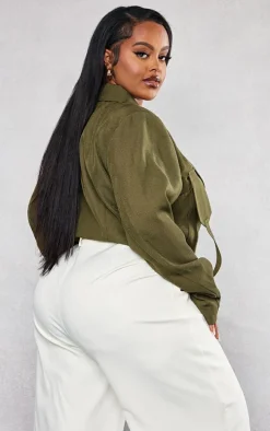 Plus Khaki Cargo Pocket Detail Crop Blazer