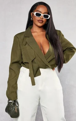 Plus Khaki Cargo Pocket Detail Crop Blazer