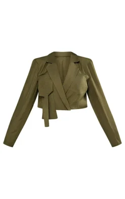 Plus Khaki Cargo Pocket Detail Crop Blazer