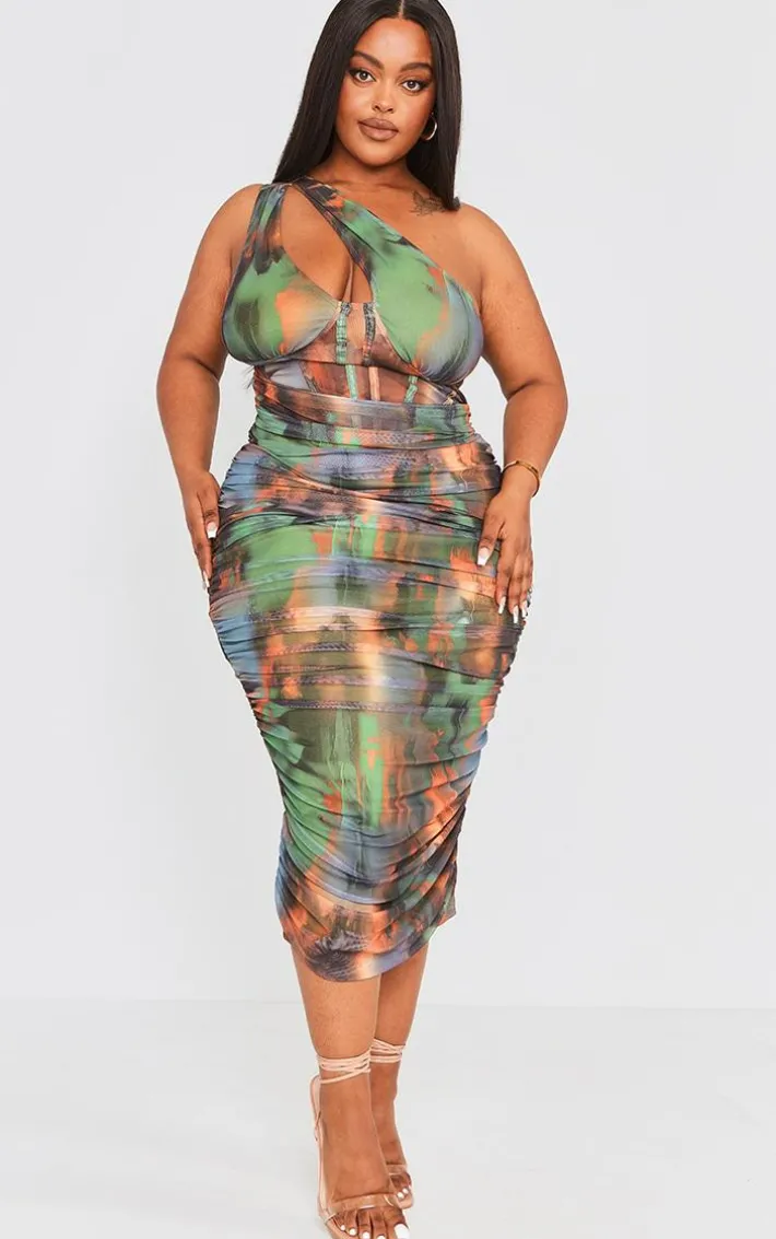 Plus Khaki Distressed Print One Shoulder Mesh Corset Midi Dress