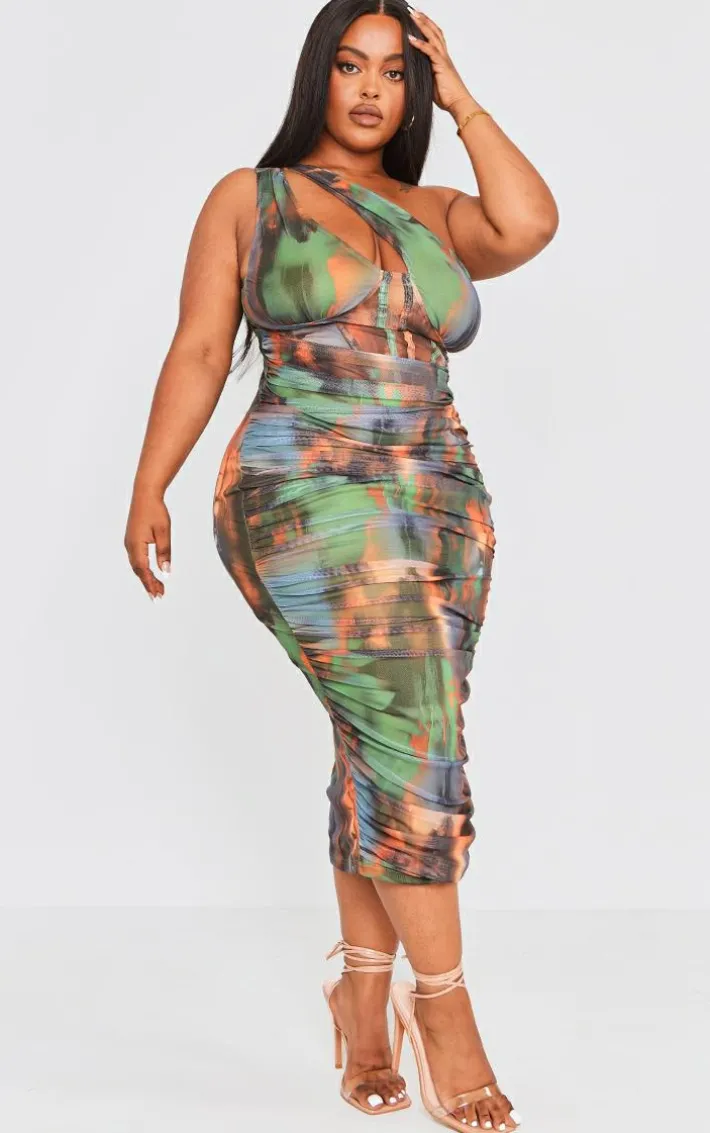 Plus Khaki Distressed Print One Shoulder Mesh Corset Midi Dress