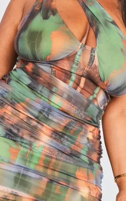 Plus Khaki Distressed Print One Shoulder Mesh Corset Midi Dress