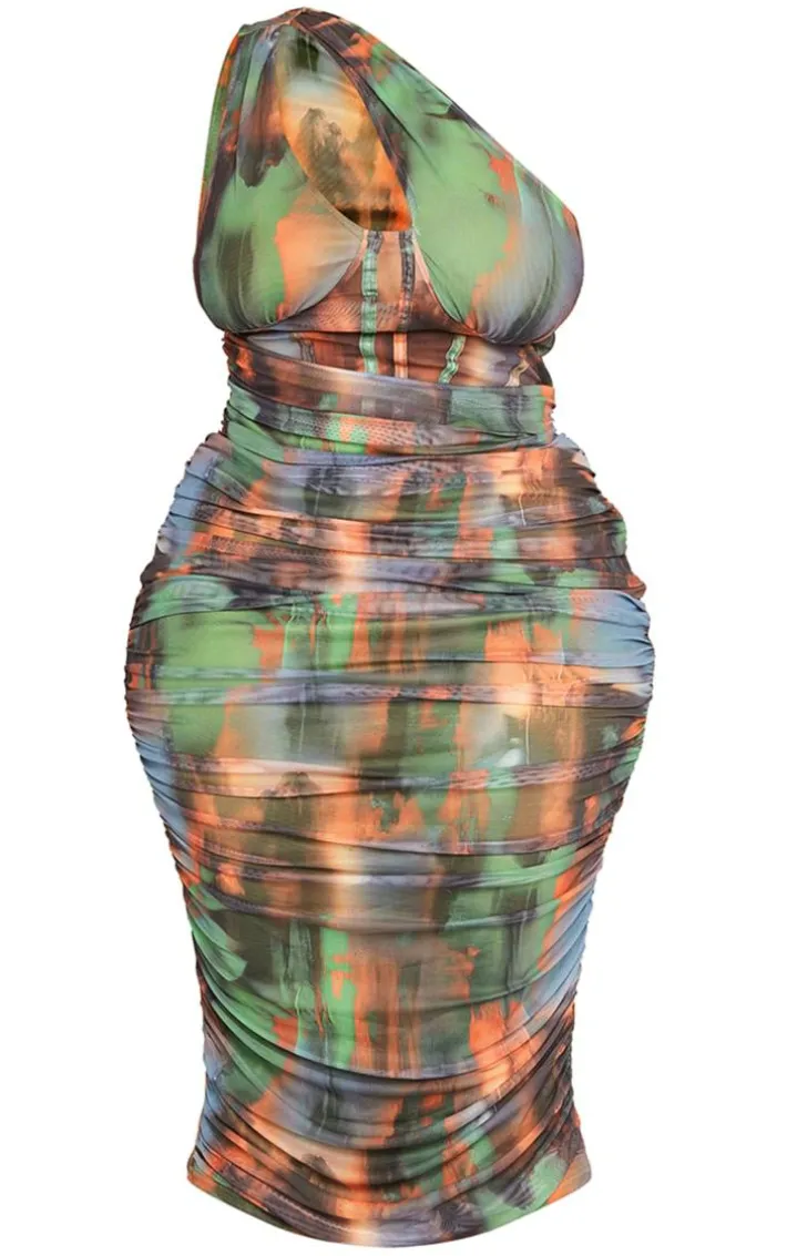 Plus Khaki Distressed Print One Shoulder Mesh Corset Midi Dress