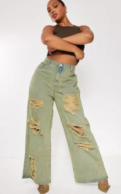 Plus Khaki Distressed Washed Denim Jeans