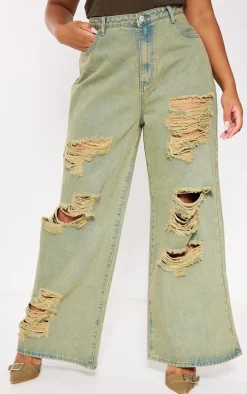 Plus Khaki Distressed Washed Denim Jeans